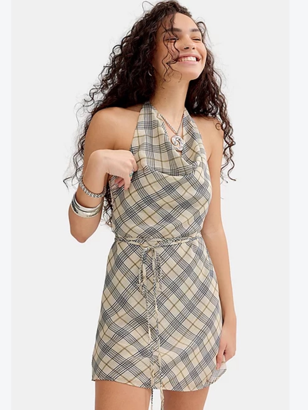 Lioness Plaid Halter Mini Dress in Beige and Navy